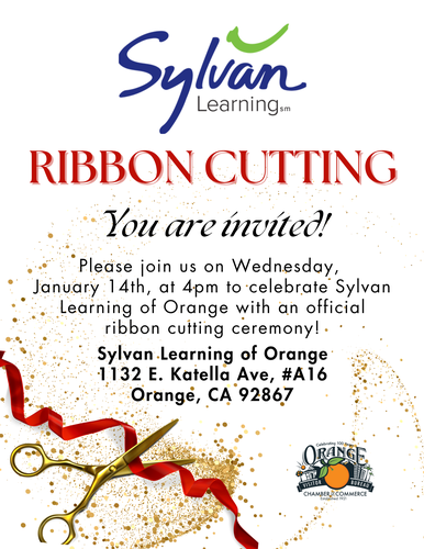 Invitation flyer for Sylvan Learning of Orange ribbon-cutting ceremony on January 14, 2026, hosted by the Orange Chamber of Commerce