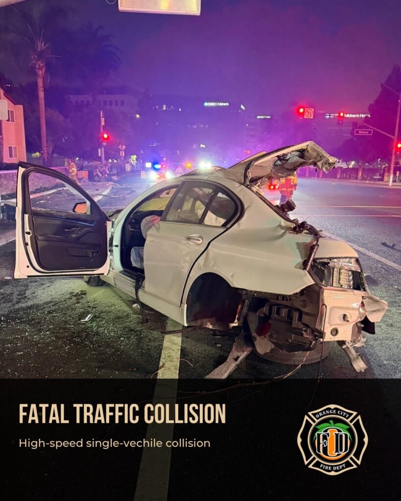 White car torn apart in fatal high-speed crash in Orange, with emergency crews and flashing lights at the scene.