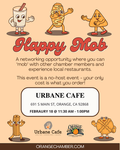 Cartoon flyer for “Happy Mob” networking event featuring smiling food characters and event details for Urbane Cafe on Feb 18