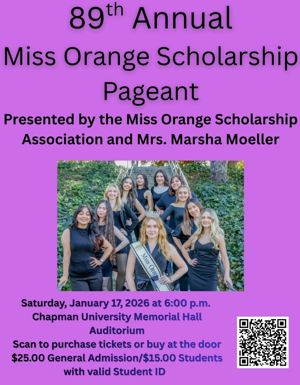 Young women pose outdoors in front of a staircase for the 89th Annual Miss Orange Scholarship Pageant flyer; one wears a crown and “Miss Orange” sash, surrounded by greenery, with event details on a purple background