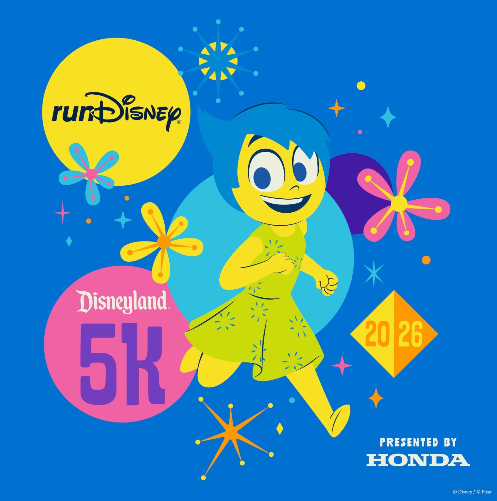 Promotional graphic for the Disneyland 5K 2026 presented by Honda, featuring Joy from Pixar’s Inside Out running joyfully on a vibrant blue background with colorful stars, flowers, and geometric shapes. Includes event branding: “runDisney,” “Disneyland 5K,” “2026,” and “Presented by Honda.”
