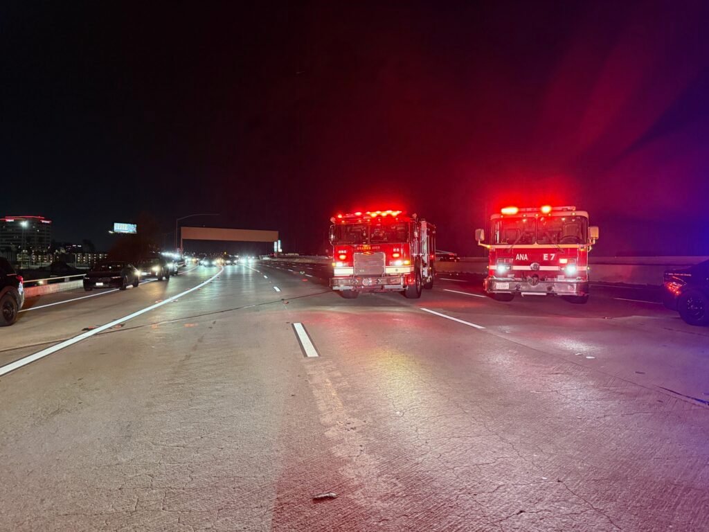 Fire engines closing multiple lanes on southbound 57 Freeway