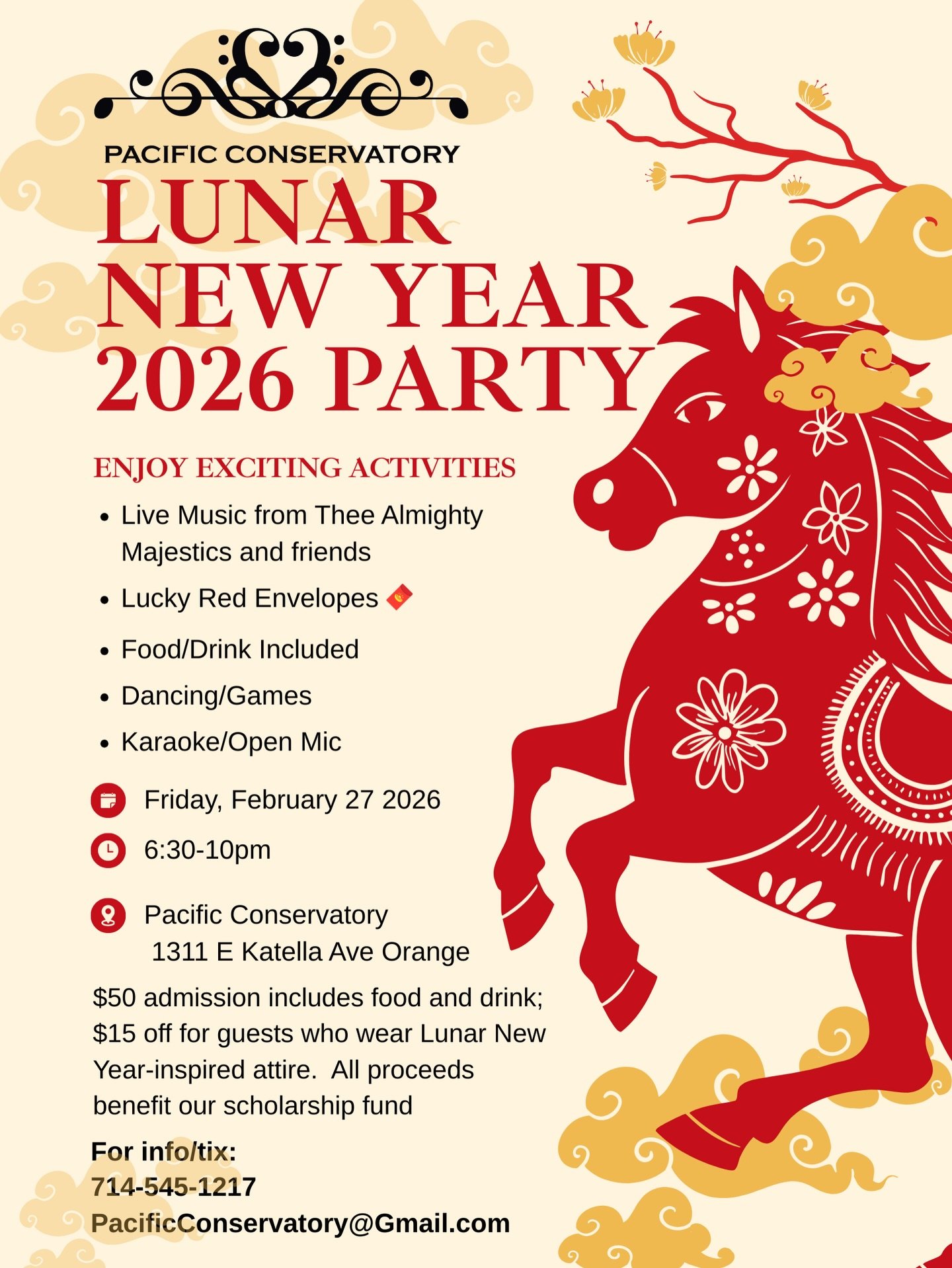 Celebrate the Lunar New Year with music, dance, food, and drinks at Pacific Conservatory in Orange. A festive, family‑friendly night supporting music scholarships.