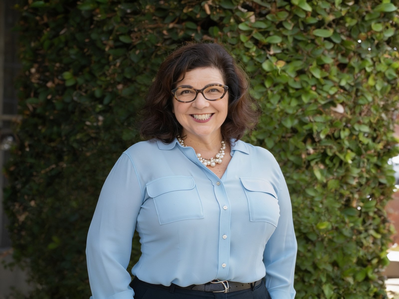 Arianna Barrios in a light-blue blouse, standing outdoors in front of leafy trees.