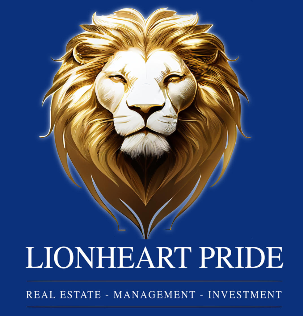 Lionheart Pride — Real Estate, Management and Investment. Gold lion on blue background. DRE #01388205.