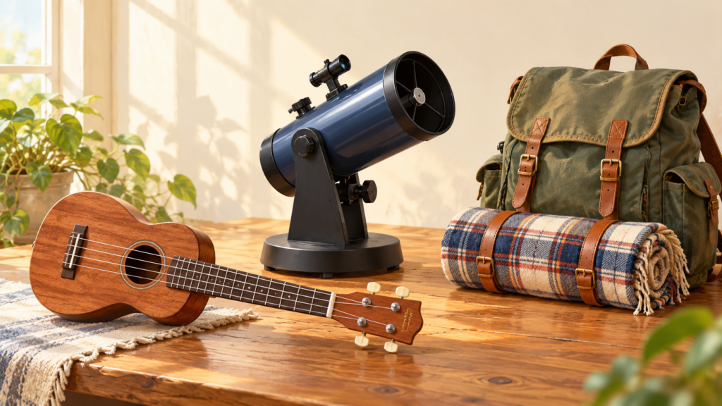 AI-generated illustration of a ukulele, tabletop telescope, backpack and picnic blanket on a sunlit wooden table.